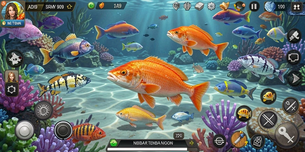 Tampilan gameplay seru dalam ADI99 saat menangkap ikan.