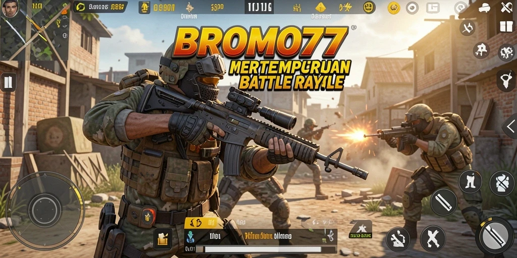 Menggambarkan aksi intens dalam gameplay Battle Royale BROMO77.