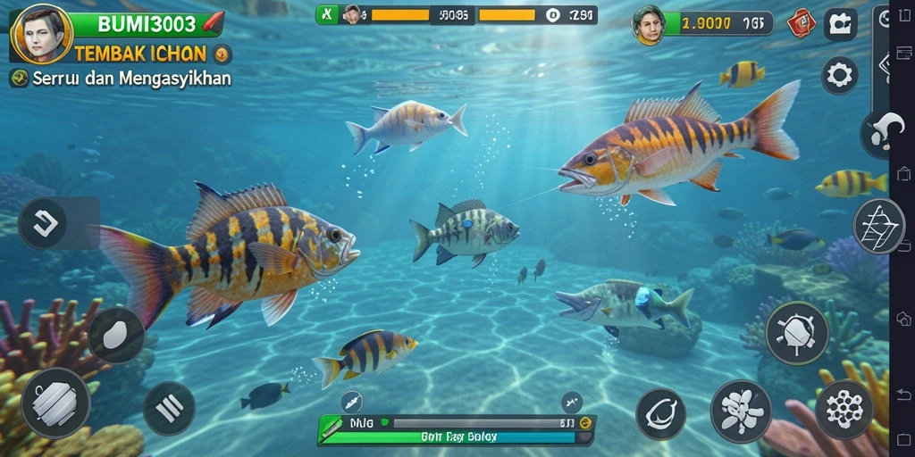 Screenshot gameplay BUMI303 menampilkan aksi menembak ikan yang seru.