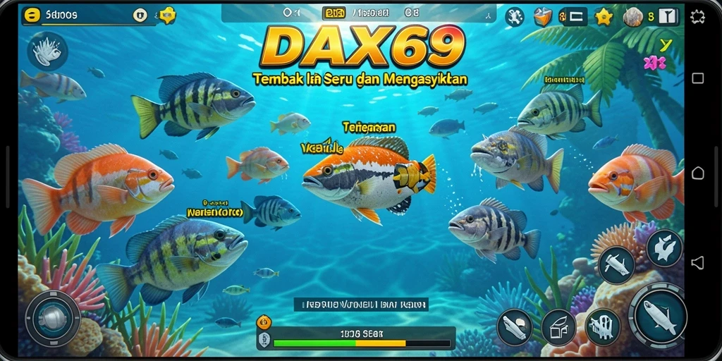Tampilan gameplay DAX69 yang menampilkan aksi menembak ikan.