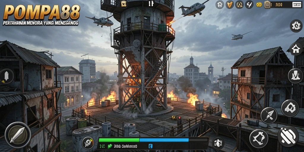Screenshot gameplay POMPA88 menampilkan menara pertahanan yang sedang bertempur melawan musuh.