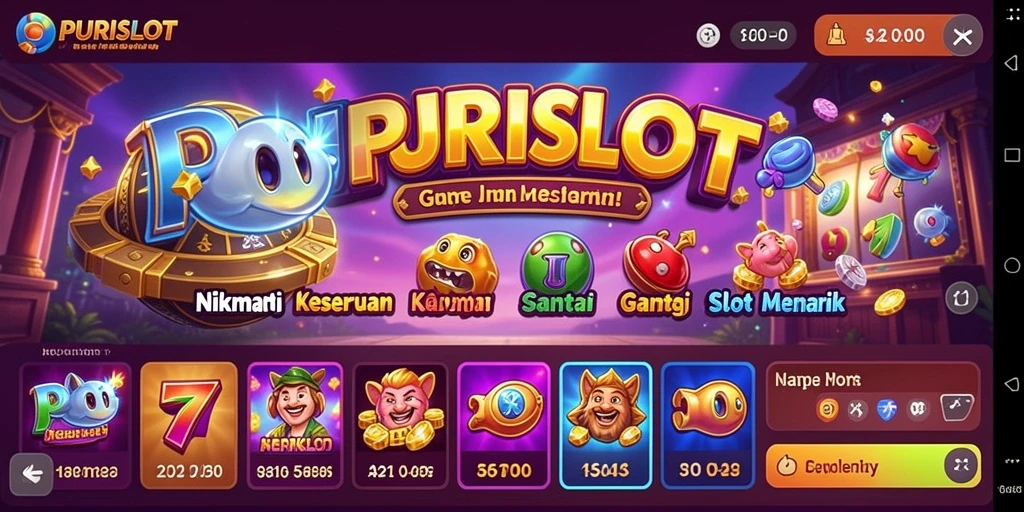 Tampilan gameplay <strong>PURISLOT</strong> dengan berbagai tema slot yang menarik.