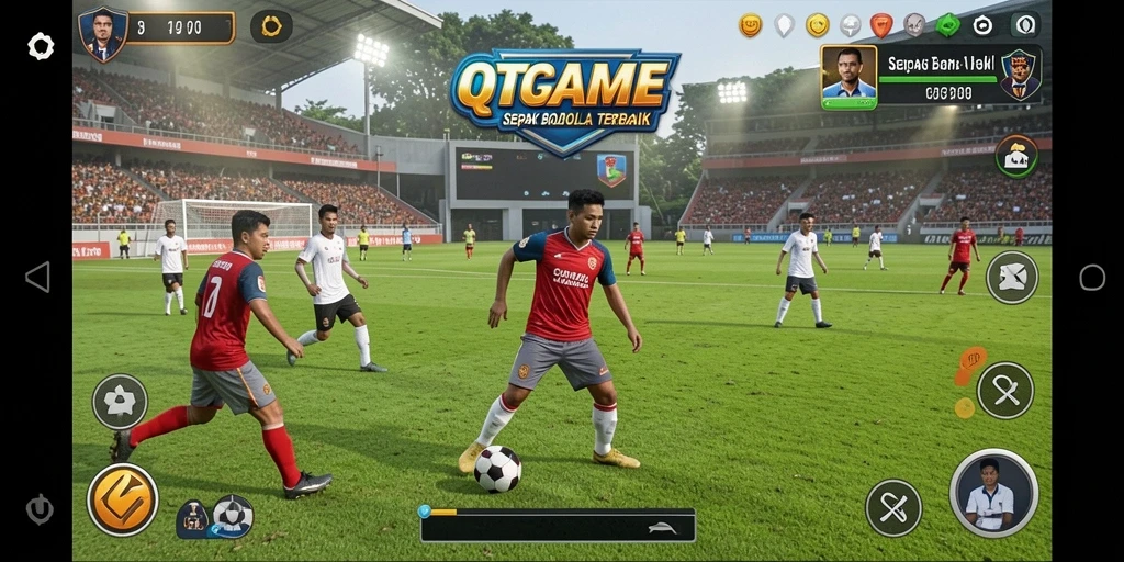 Tangkapan layar dari gameplay QTGAME yang menunjukkan aksi sepak bola seru.