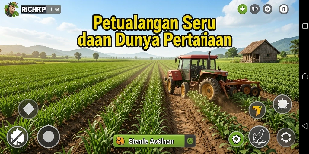 Gameplay RICHRTP dengan ladang yang hijau dan hewan ternak.