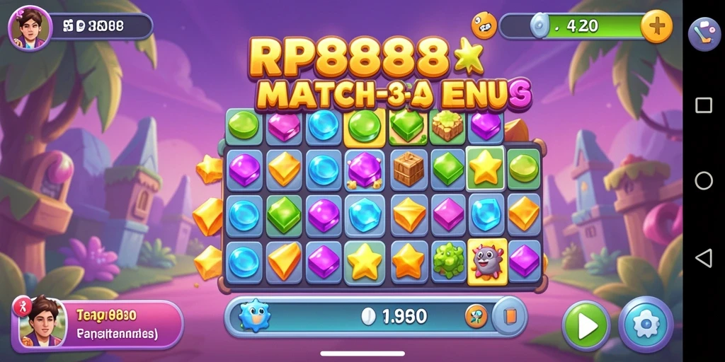 Tampilan gameplay seru di RP8888 dengan permata berwarna-warni dan tantangan Match-3.