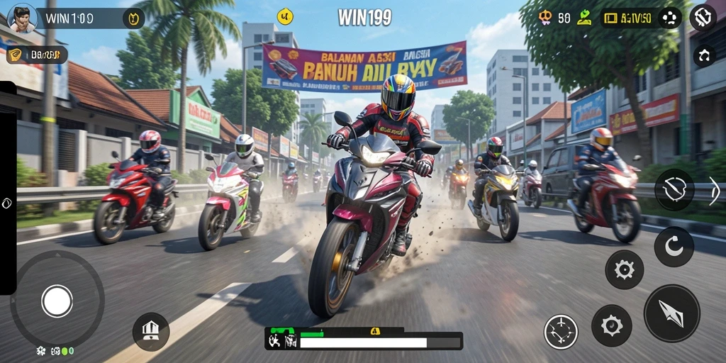 Screenshot WIN199 menunjukkan intensitas balapan motor yang mendebarkan.